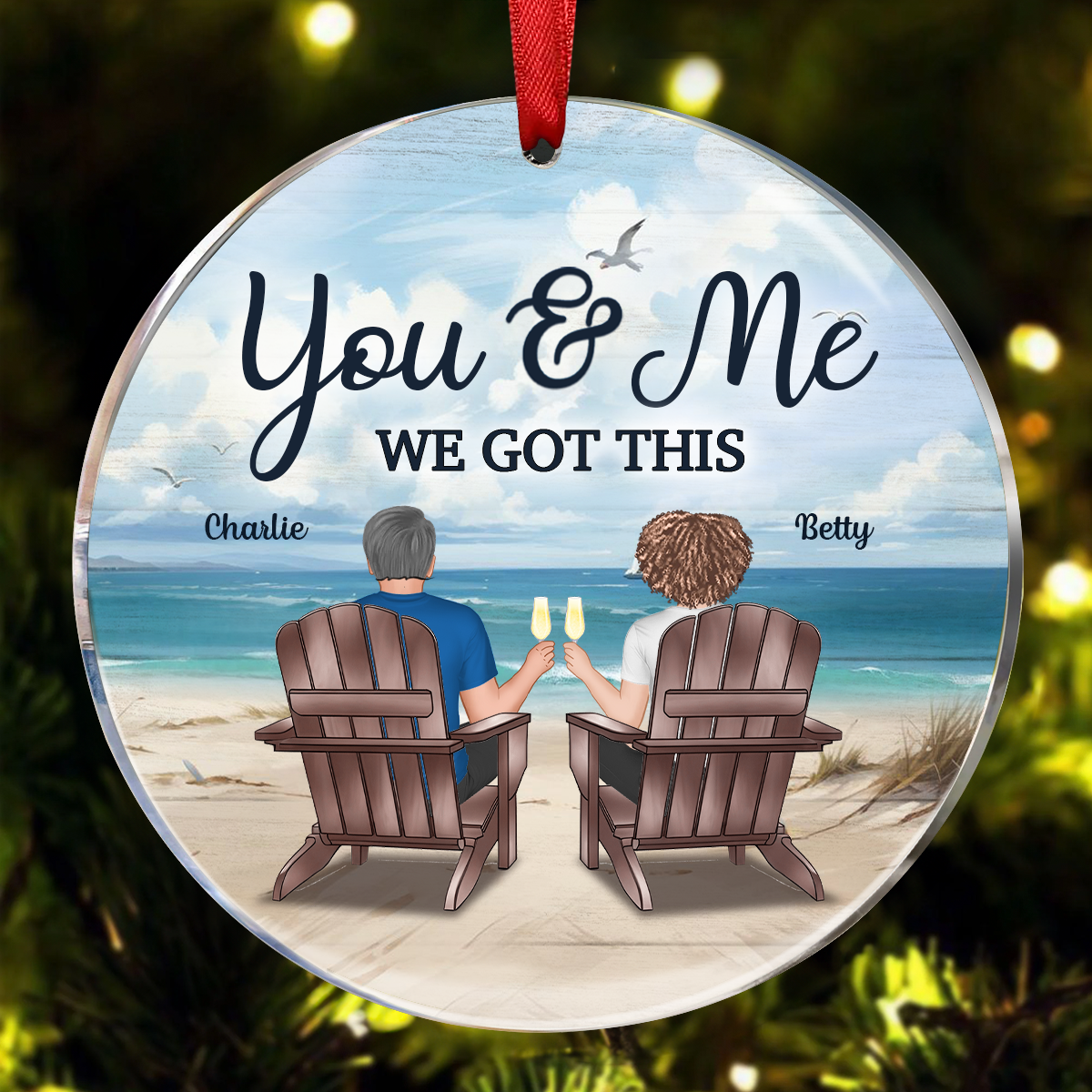 Back View Couple Sitting Beach Landscape Personalized Circle Ornament