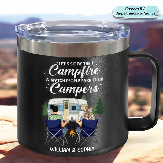 14oz Couple - Let's Sit By The Campfire - Personalized Stainless Steel Tumbler With Handle - Makezbright Gifts