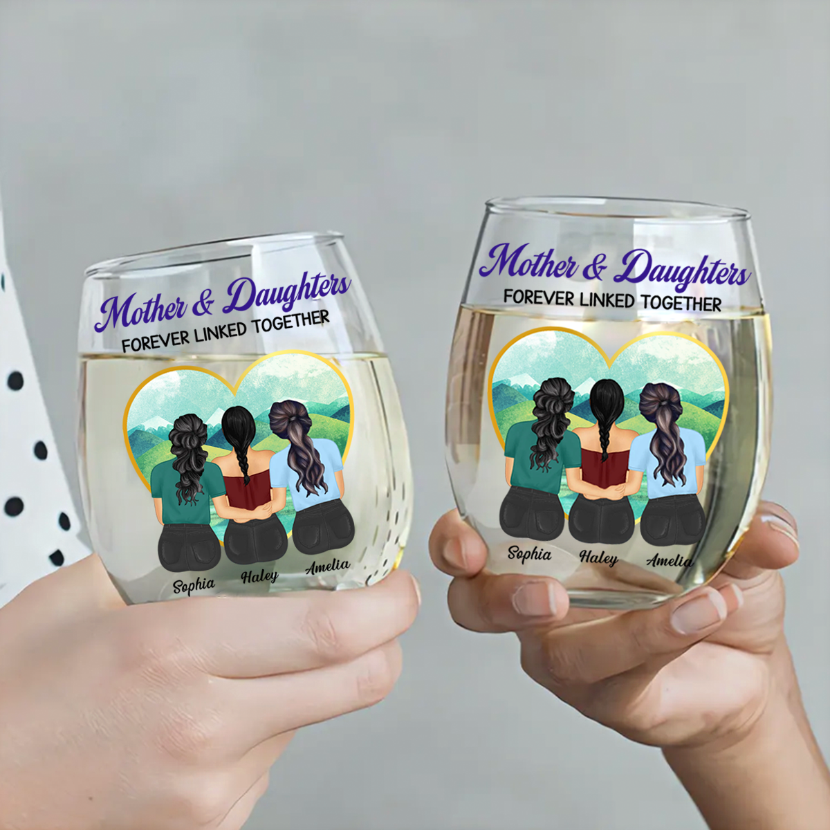 Mother & Daughters Forever Linked Together - Personalized Stemless Wine Glass