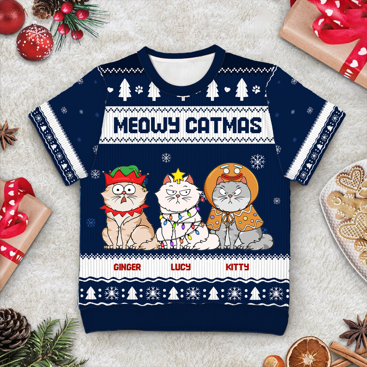 Meowy Catmas Funny Cartoon Cat Pet Lover Christmas Gift - Personalized Short Sleeve Sweater