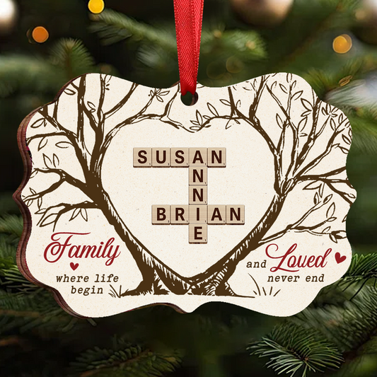 Family Where Life Begins And Love Never Ends Crossword Scrabble - Personalized Medallion Wooden Ornament