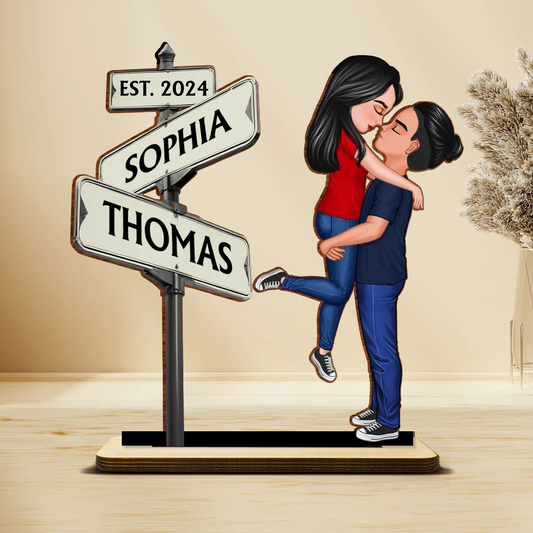 Personalized Standing Wooden Plaque With Couple & Custom Street Signs, Heartfelt 2025 Valentine's Day Gift, Anniversary Gift For Couple, For Him, For Her, Boyfriend, Girlfriend, Husband, Wife