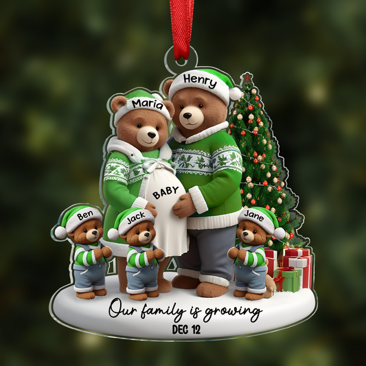 3D Effect Bear Couple Family Expecting New Baby Pregnancy Announcement Keepsake Personalized Acrylic Ornament