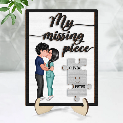 Couple Kissing My Missing Piece Valentine‘s Day Gifts by Occupation Gift For Her Gift For Him Firefighter, Nurse, Police Officer Personalized Wooden Plaque