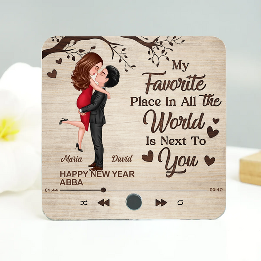 Favorite Place In The World Couple Hugging Kissing Personalized Music Fridge Magnet, Gift For Him, For Her, For Valentine's Day