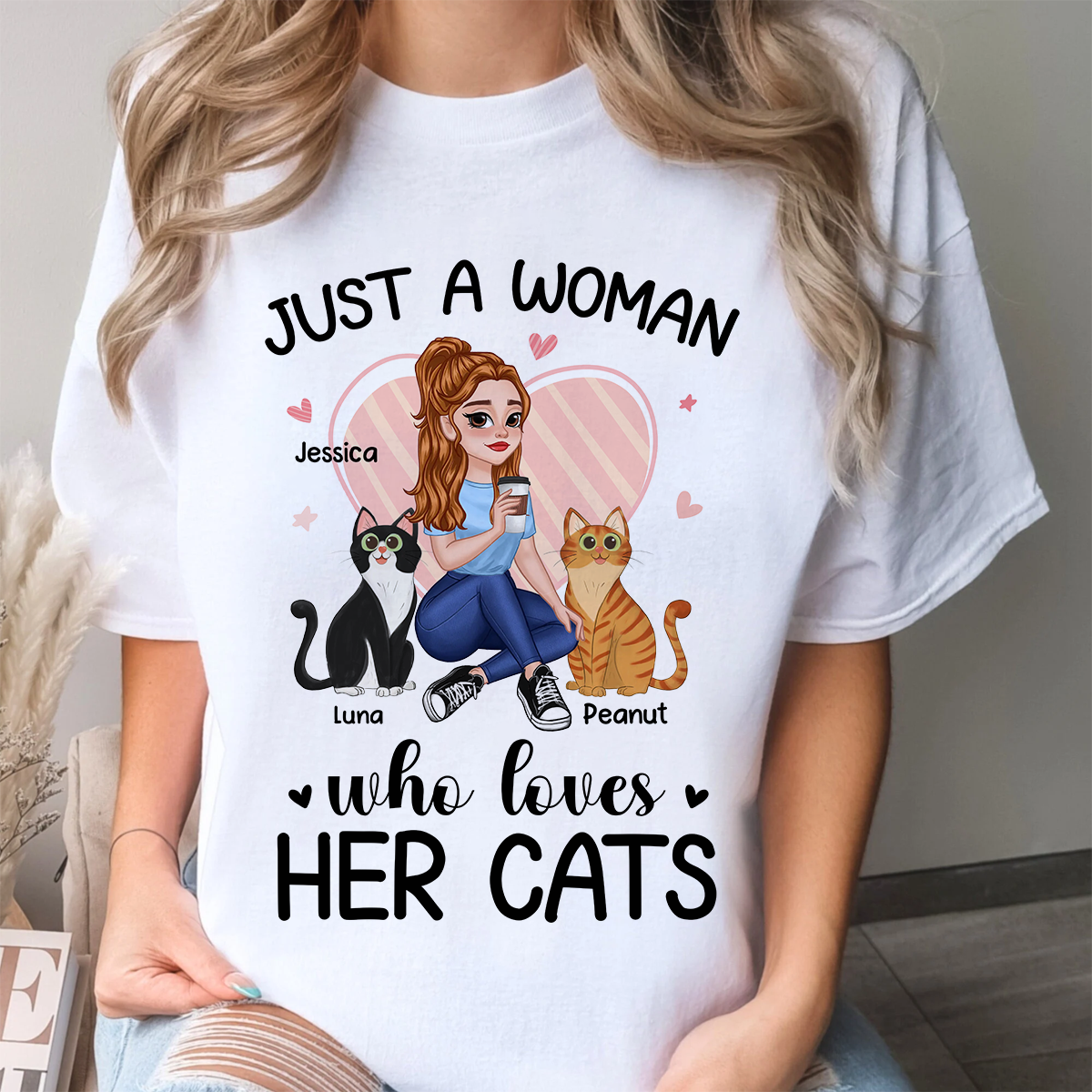 Just A Girl Who Loves Cats Pretty Cartoon Girl Sitting With Cats Personalized Shirt