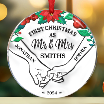 Holding Hands First Christmas Couple - 3D Inflated Effect Printed Ornament, Personalized Circle Ceramic Ornament