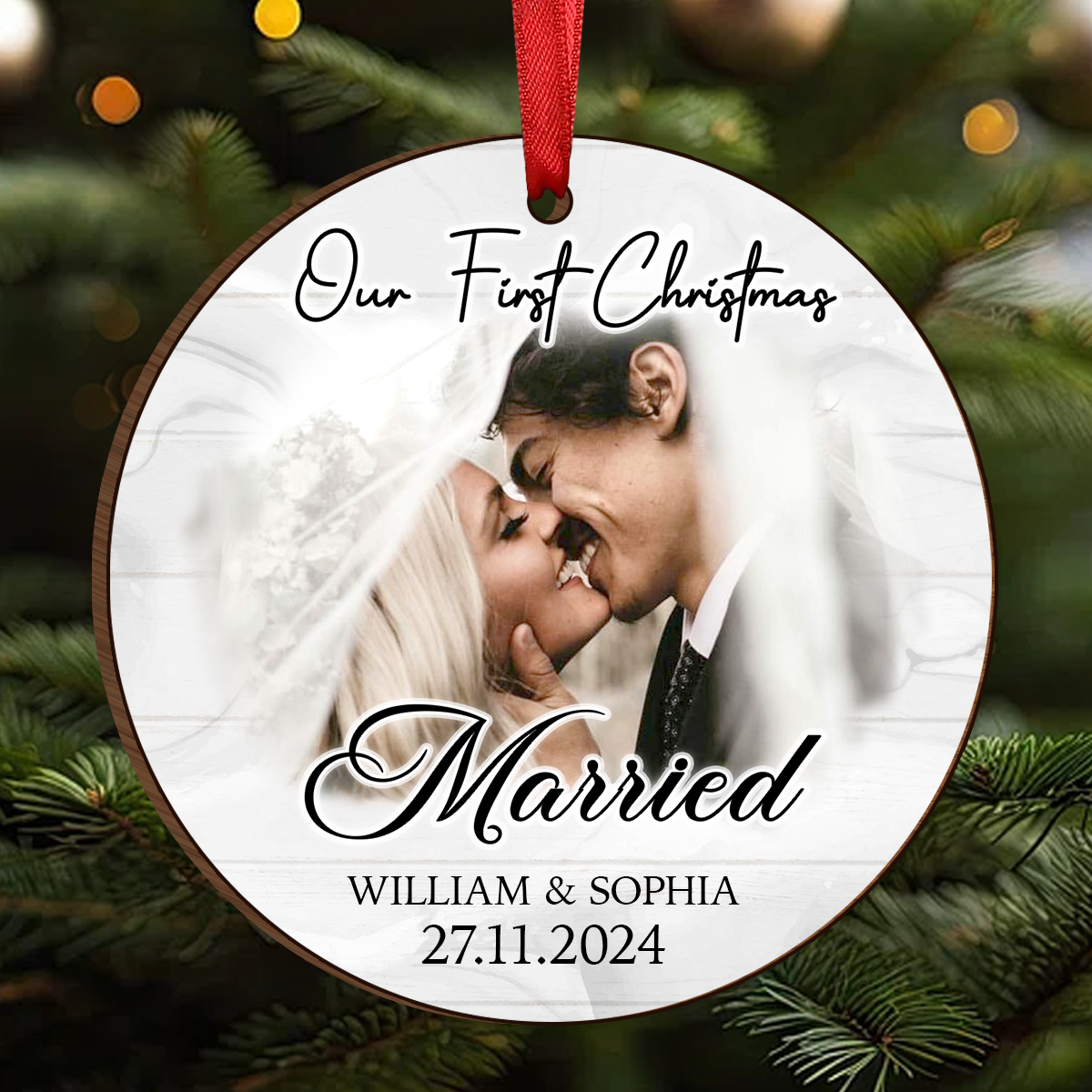 Custom Photo First Christmas As Mr & Mrs Couples - Personalized Custom Shaped Wooden Ornament