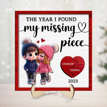 The Year I Found My Missing Piece Cute Couple Walking Personalized 2-Layered Wooden Plaque, Valentine's Day Gift for him, Gift for her