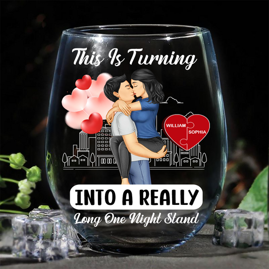 Kissing Couple Into A Really Long One Night Stand - Personalized Stemless Wine Glass