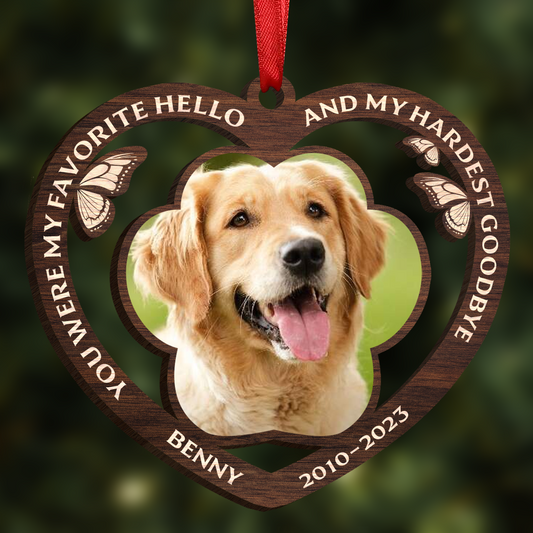 My Favorite Hello And My Hardest Goodbye - Personalized Custom Heart Shaped Wood Christmas Ornament - Upload Image, Memorial Gift, Sympathy Gift, Gift For Pet Lovers, Christmas Gift