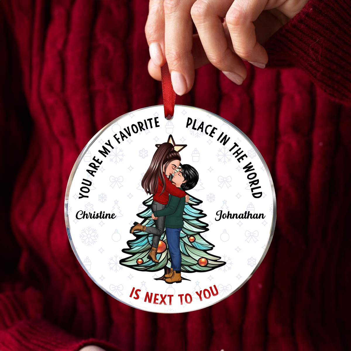 Christmas Couple Kissing My Favorite Place In All The World - Personalized Circle Ornament