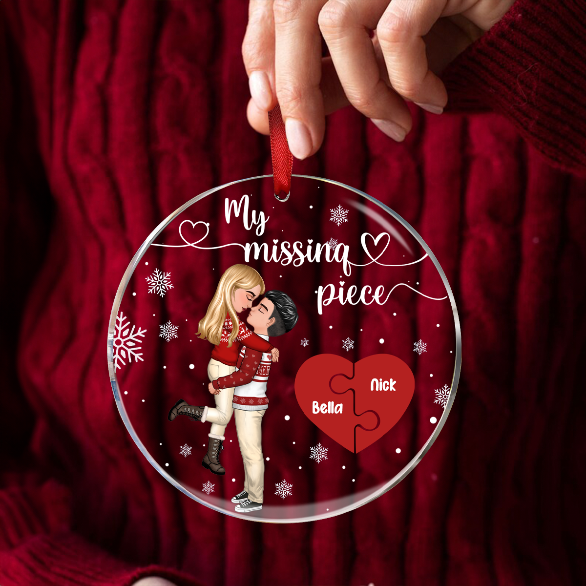 My Missing Piece Christmas Couple Hugging Kissing - Personalized Circle Acrylic Ornament