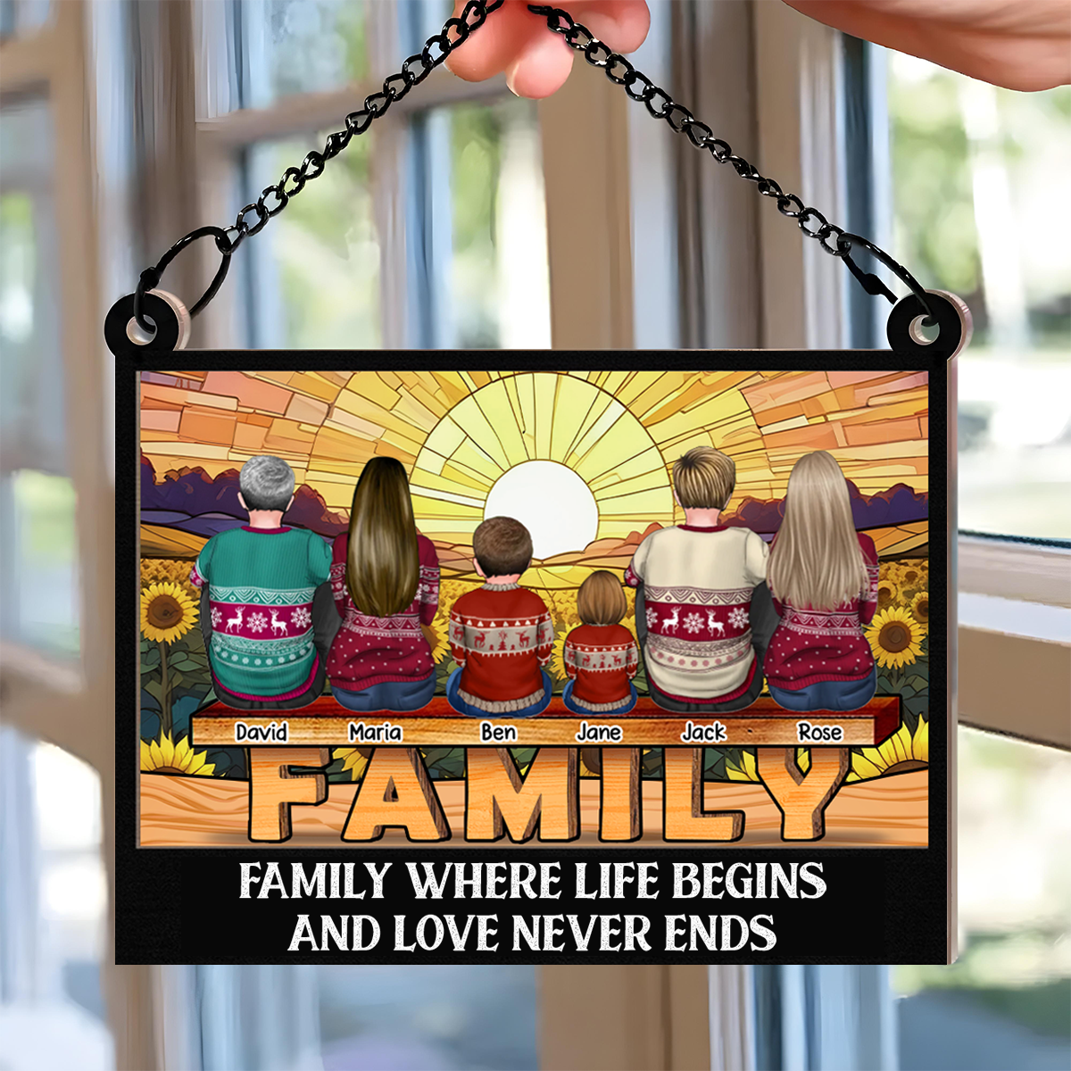 Family Where Begins The Love Never End - Personalized Window Hanging Suncatcher Ornament