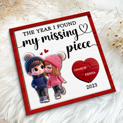 The Year I Found My Missing Piece Cute Couple Walking Personalized 2-Layered Wooden Plaque, Valentine's Day Gift for him, Gift for her