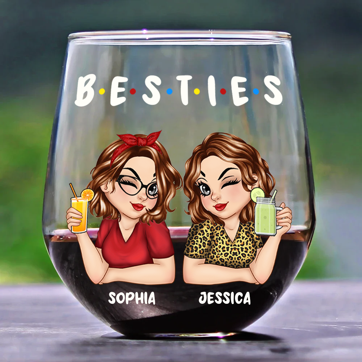 Besties Sisters Friends Turban Women - Personalized Stemless Wine Glass