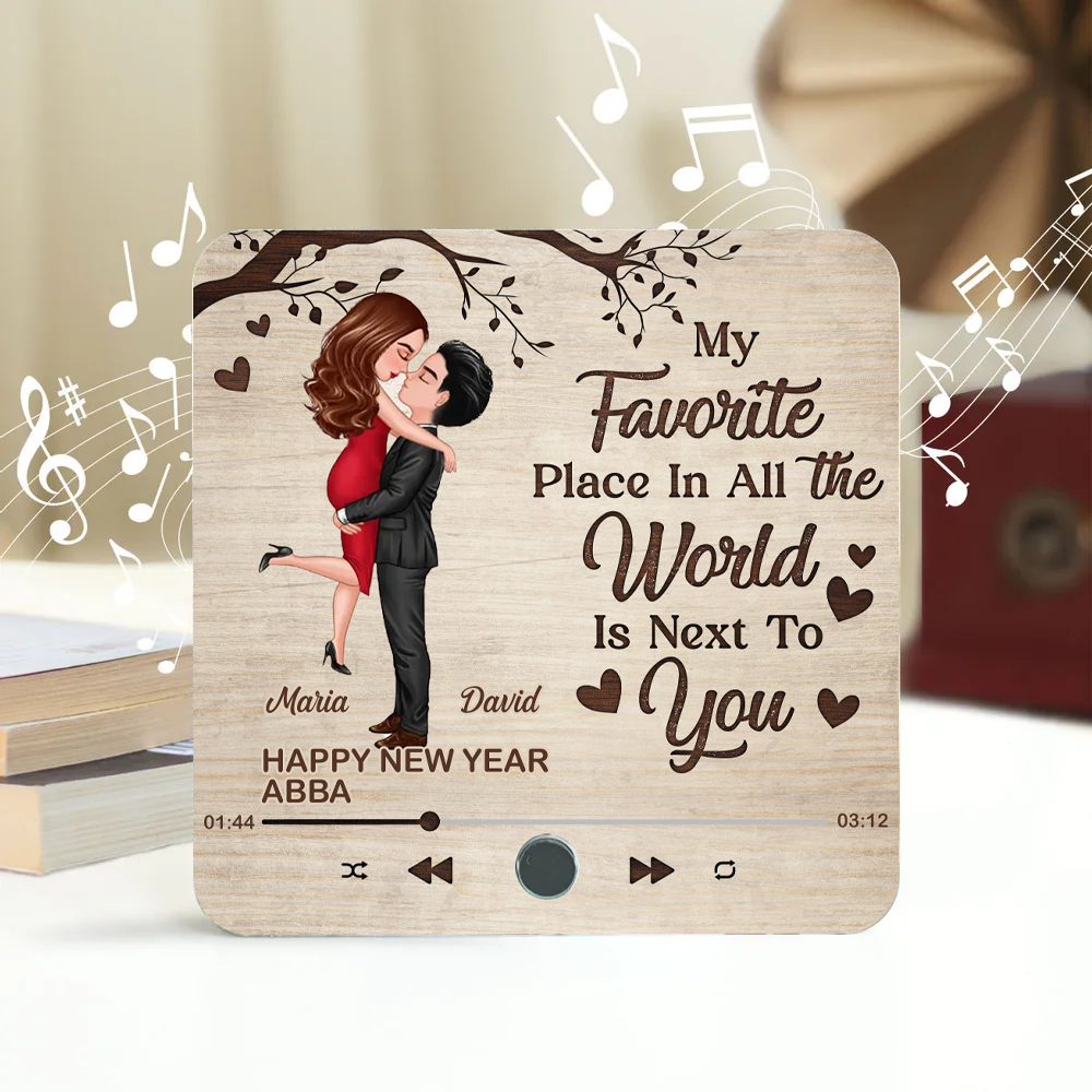 Favorite Place In The World Couple Hugging Kissing Personalized Music Fridge Magnet, Gift For Him, For Her, For Valentine's Day