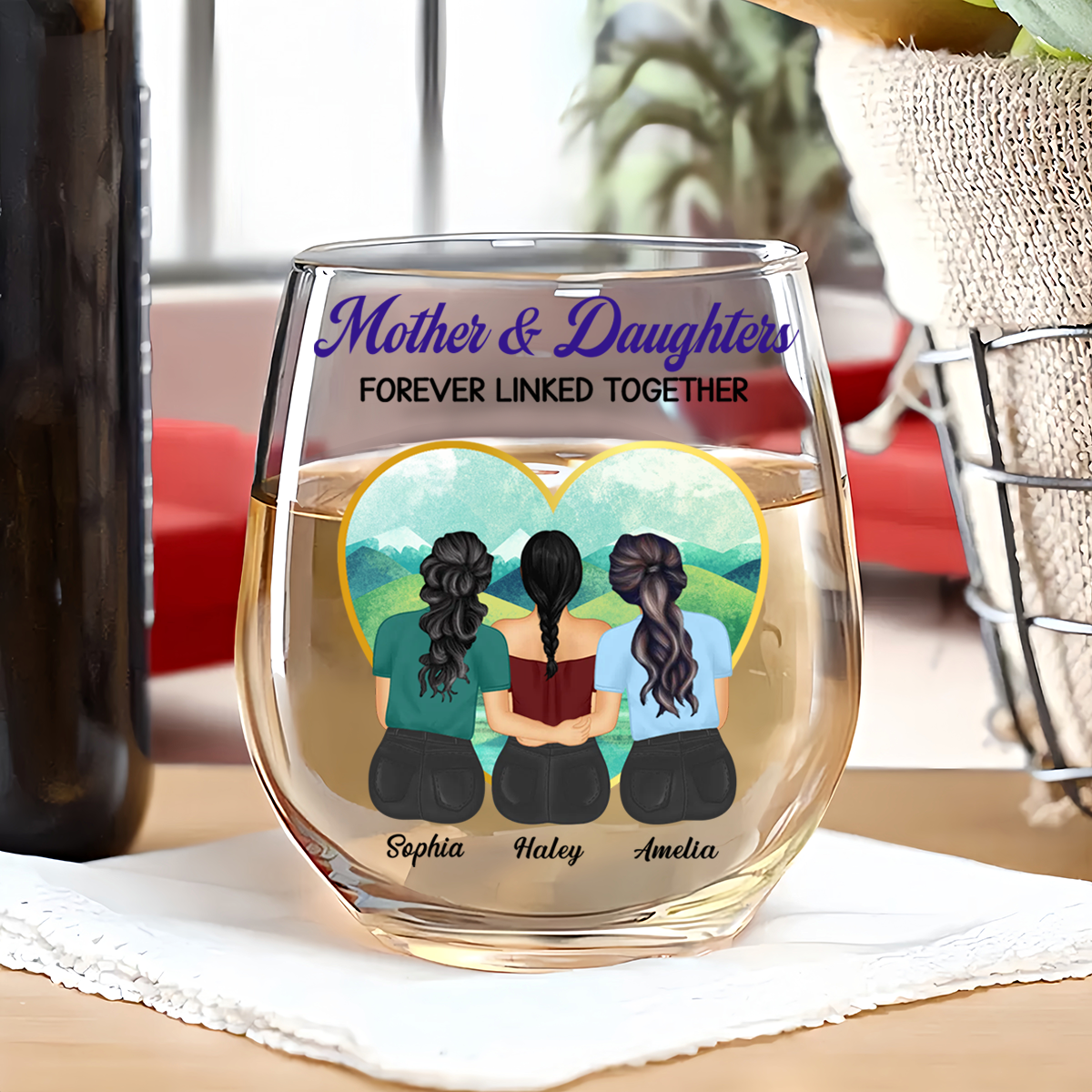 Mother & Daughters Forever Linked Together - Personalized Stemless Wine Glass