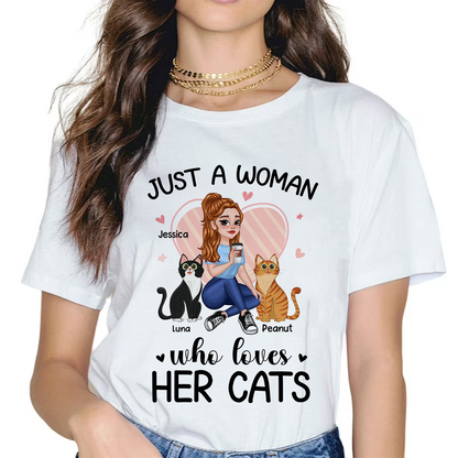 Just A Girl Who Loves Cats Pretty Cartoon Girl Sitting With Cats Personalized Shirt