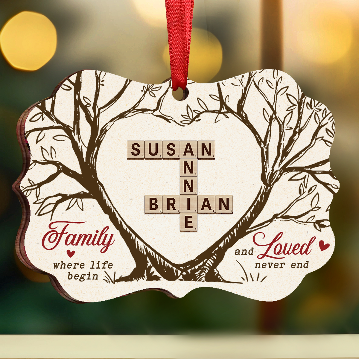 Family Where Life Begins And Love Never Ends Crossword Scrabble - Personalized Medallion Wooden Ornament