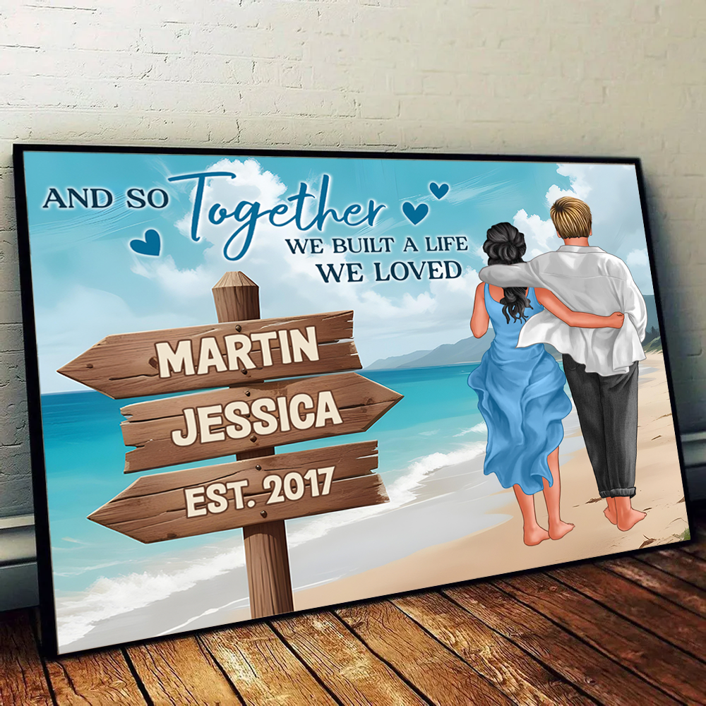 Couple Embracing And Walking On The Beach Personalized Poster, Heartfelt 2025 Valentine's Day Gift For Couple, For Him, For Her, Boyfriend, Girlfriend, Husband, Wife