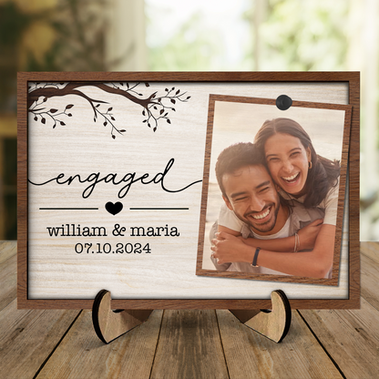 Custom Photo Engaged Married Couple - Personalized 2-Layered Wooden Plaque With Stand