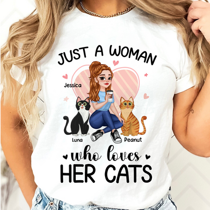 Just A Girl Who Loves Cats Pretty Cartoon Girl Sitting With Cats Personalized Shirt