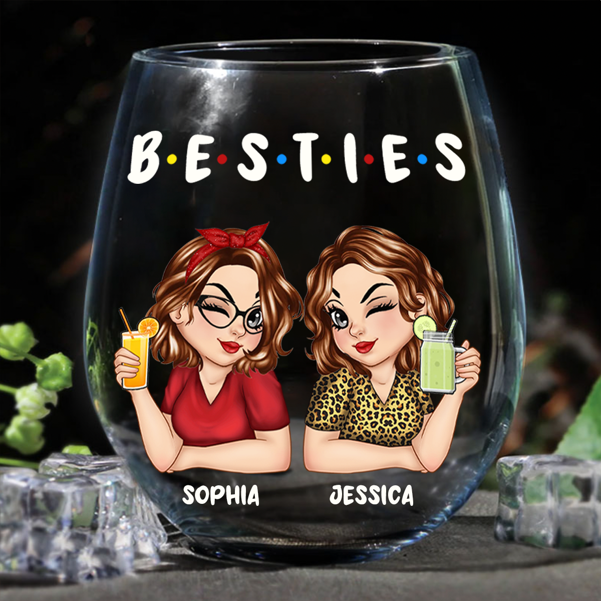 Besties Sisters Friends Turban Women - Personalized Stemless Wine Glass