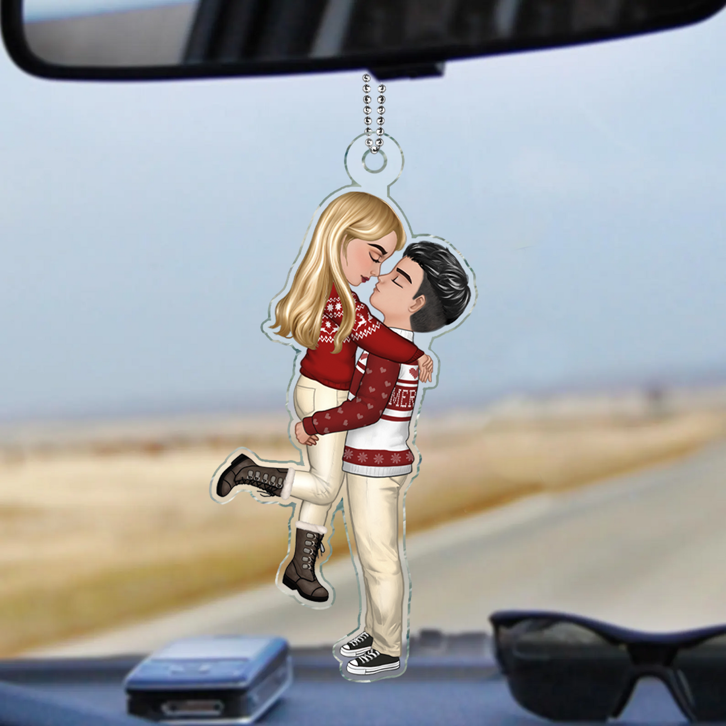 Chibi Couple Kissing - Anniversary Gift For Couples - Personalized Acrylic Car Hanger