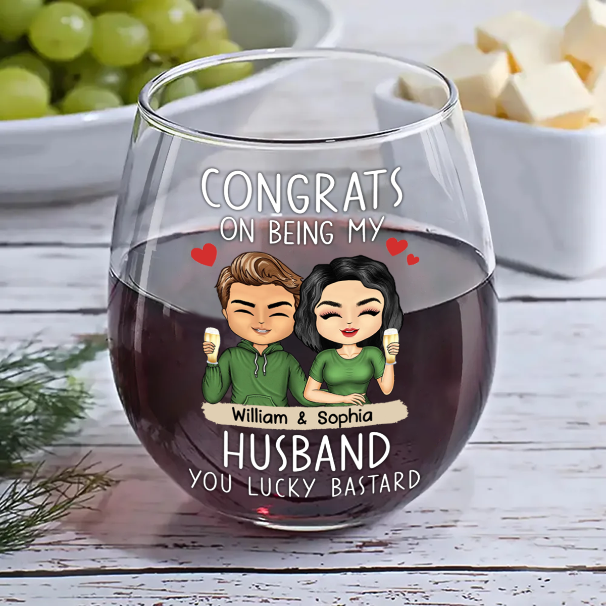 Congrats On Being My Husband Chibi Couples - Personalized Stemless Wine Glass