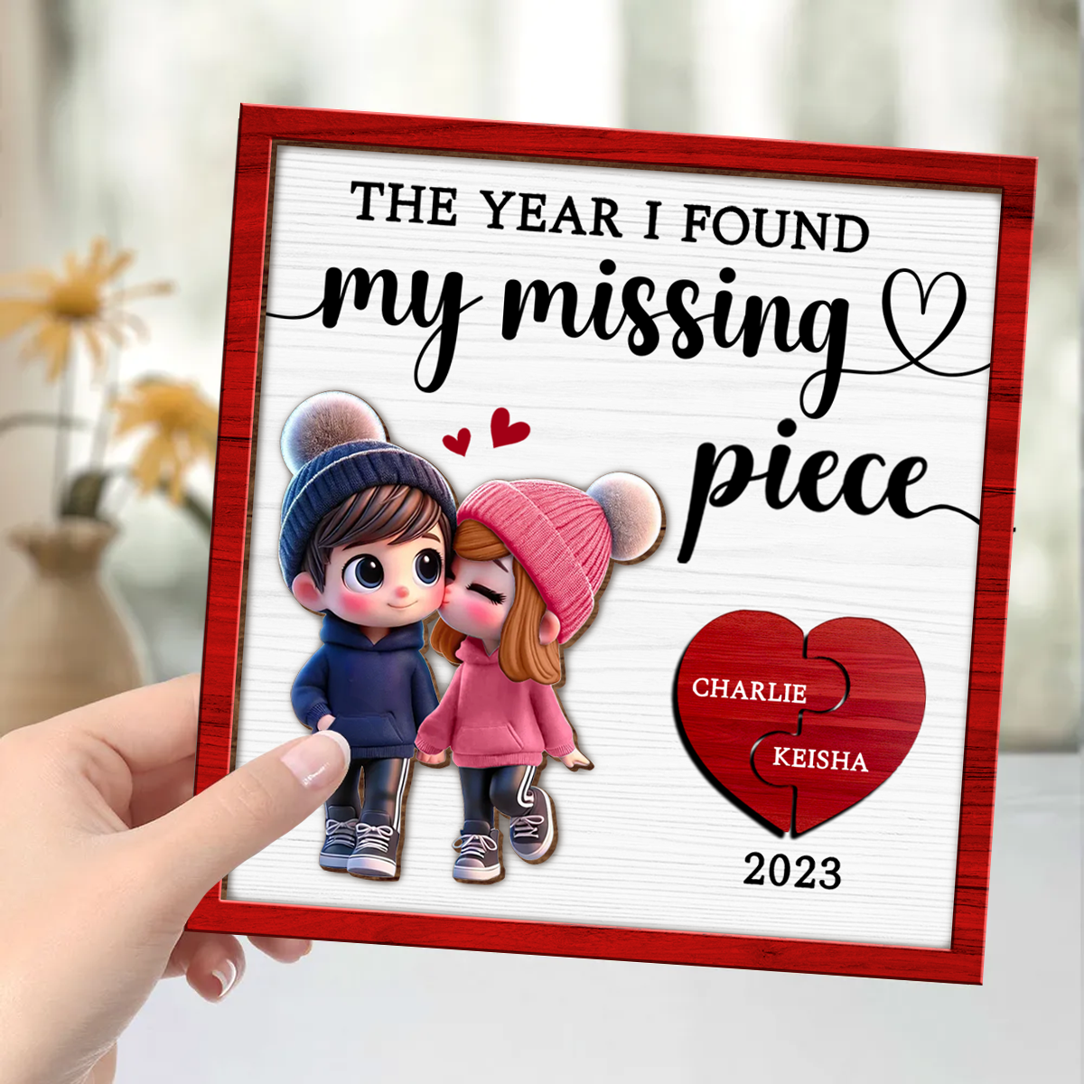 The Year I Found My Missing Piece Cute Couple Walking Personalized 2-Layered Wooden Plaque, Valentine's Day Gift for him, Gift for her