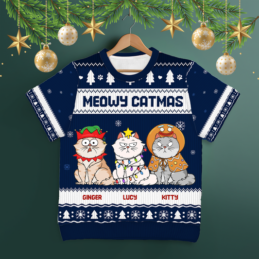 Meowy Catmas Funny Cartoon Cat Pet Lover Christmas Gift - Personalized Short Sleeve Sweater