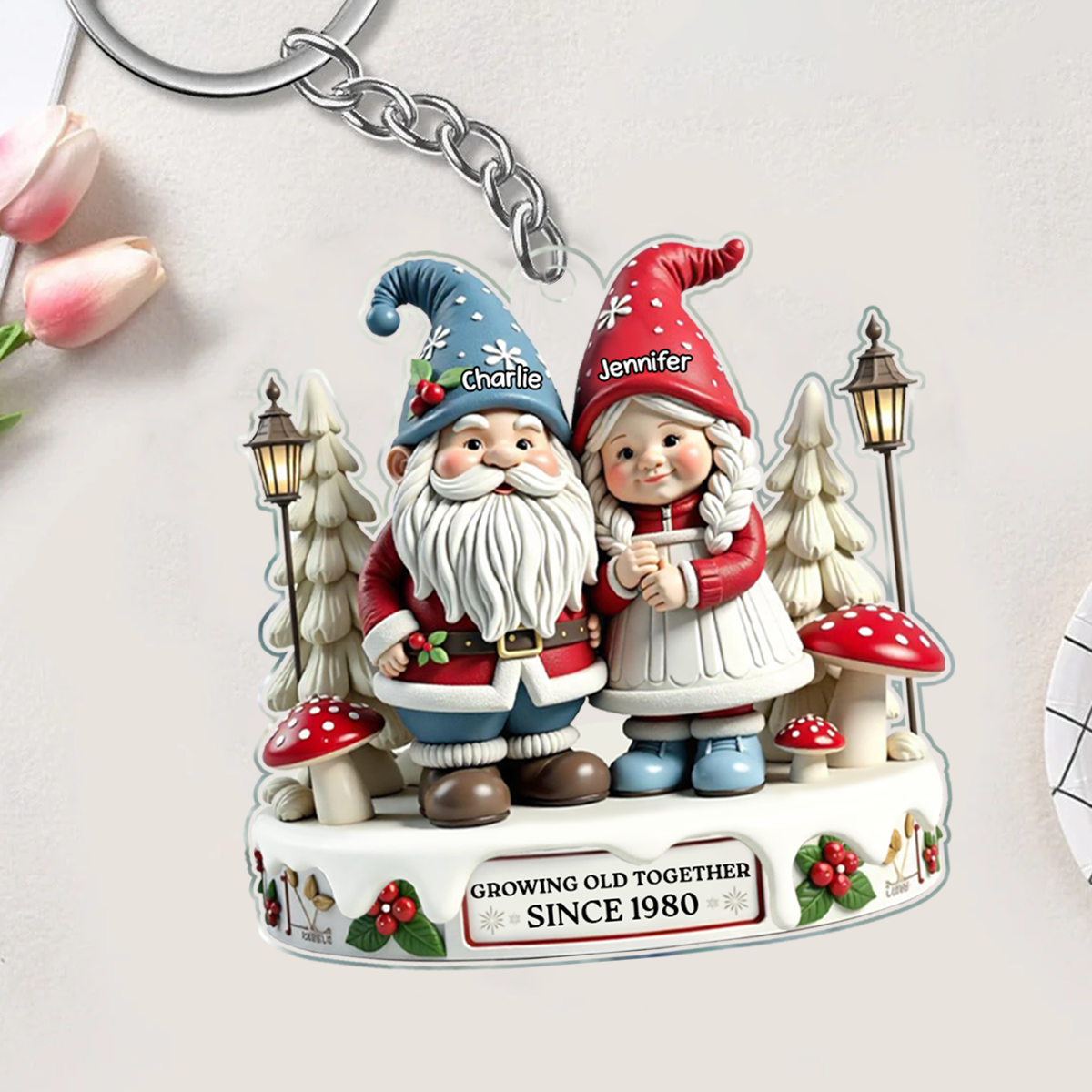 3D Effect Gnome Couple Together Personalized Acrylic Keychain Valentine's Gift For Couple, For Him, For Her, Husband, Wife