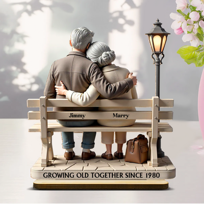 3D Effect Old Couple Sitting On Bench At The Park Personalized Standing Wooden Plaque, Heartfelt Gift For Couple, For Him, For Her, Husband, Wife