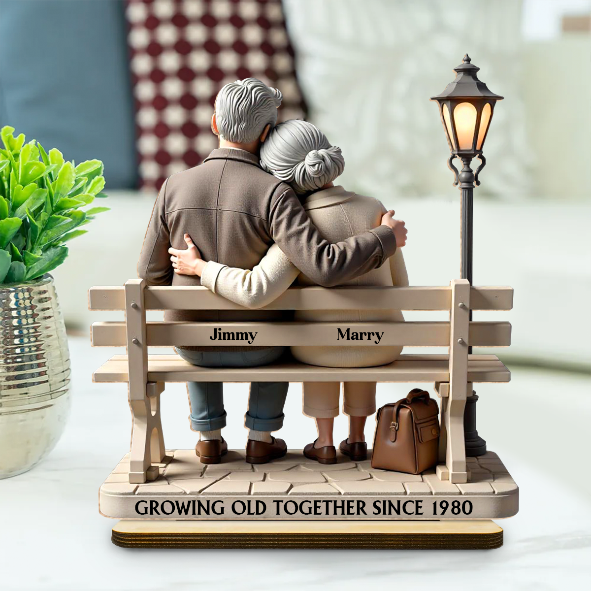 3D Effect Old Couple Sitting On Bench At The Park Personalized Standing Wooden Plaque, Heartfelt Gift For Couple, For Him, For Her, Husband, Wife