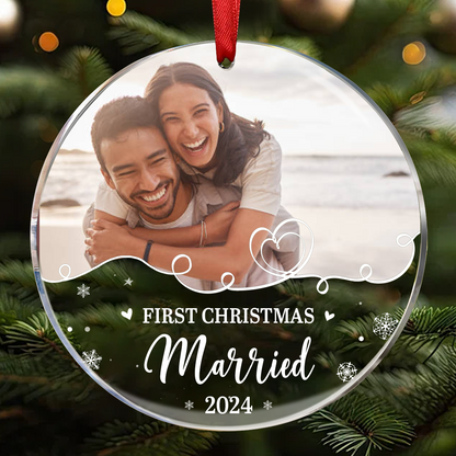 Custom Photo First Christmas As Husband And Wife - Personalized Circle Ornament