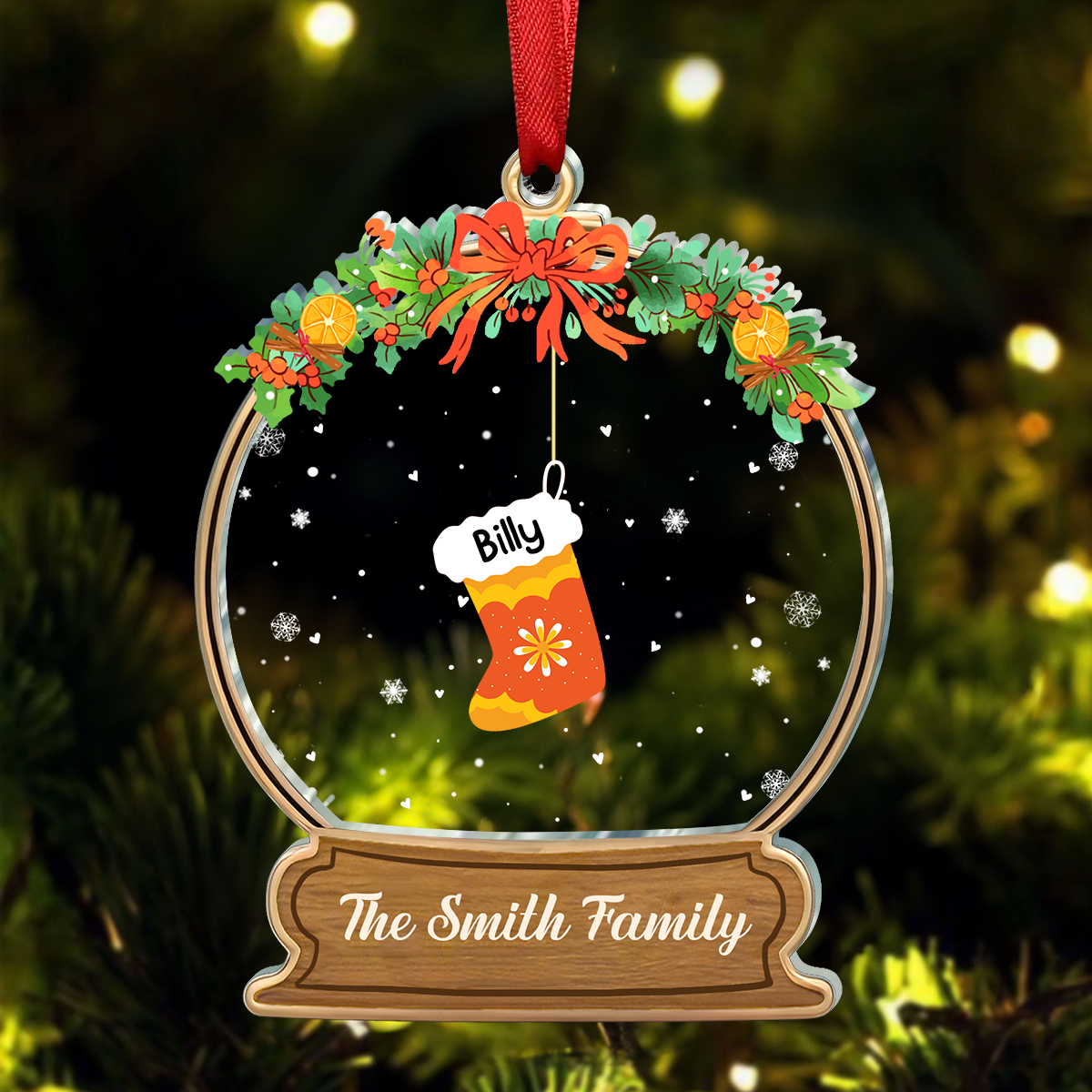 Lovely Stockings Hanging - Family Personalized Custom Ornament - Acrylic Snow Globe Shaped - Christmas Gift For Family Members