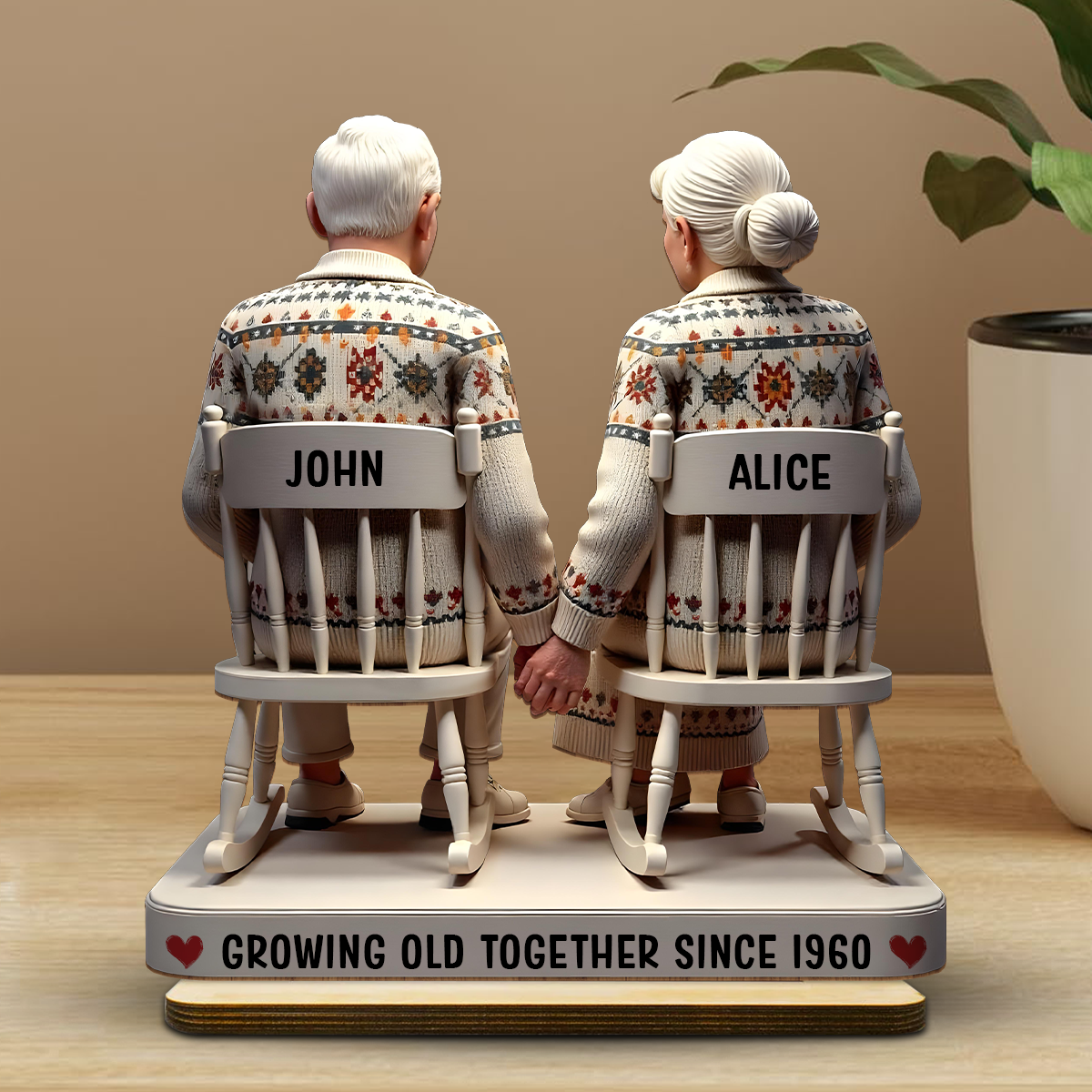 3D Effect Old Couple Holding Hands Sitting Together Personalized Standing Wooden Plaque, Heartfelt Anniversary Gift, Valentine's Day Gift For Couple, For Him, For Her, Husband, Wife