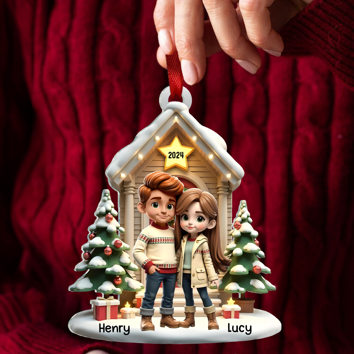 3D Effect Pretty Couple Standing On The Front Porch Personalized Acrylic Ornament, Unique Christmas Gift For Him For Her For The Couple