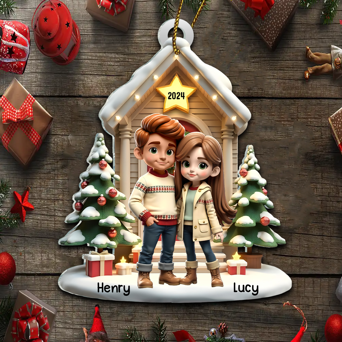 3D Effect Pretty Couple Standing On The Front Porch Personalized Acrylic Ornament, Unique Christmas Gift For Him For Her For The Couple