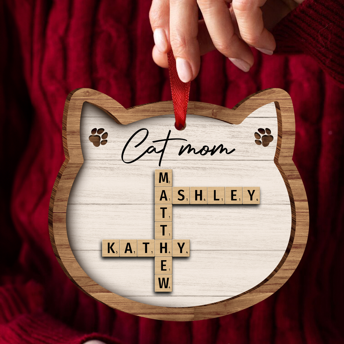 Cat Lover Gift Crossword Puzzle Art Personalized Wooden Ornament [Can add up to 20 cat names]