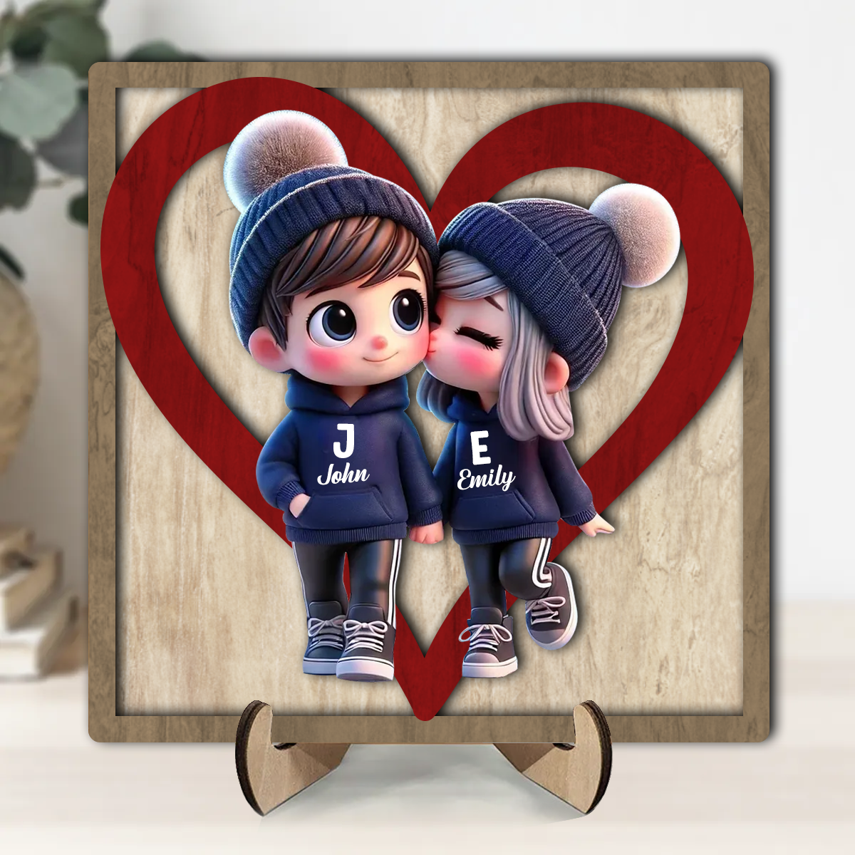 Personalized Initials Heart Sign Personalized 2-Layered Wooden Plaque, Cute Cartoon Couple Walking, Tiered Tray Valentines Signs or Shelf Signs