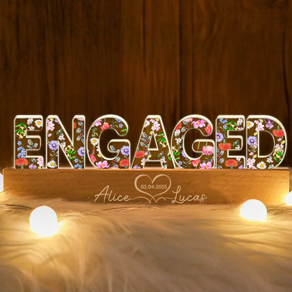 Personalized Couple Engagement Floral Theme Anniversary Gift Acrylic Block LED Night Light, Heartfelt 2025 Valentine's Day Gift, For Him, For Her, For Husband, For Wife