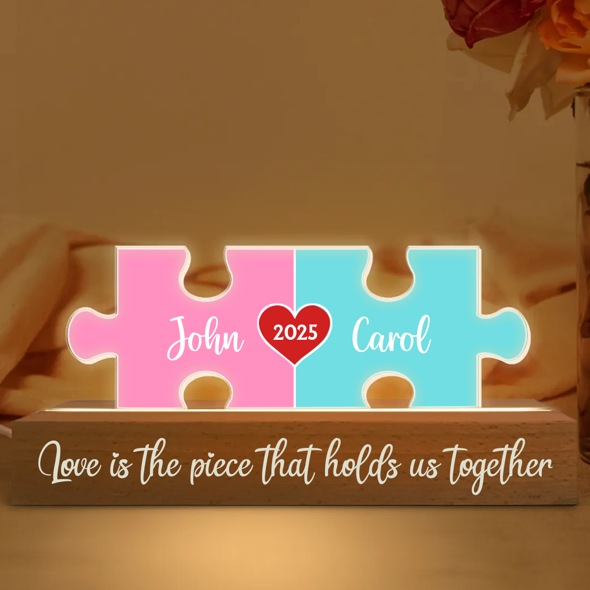 Love Is The Piece That Holds Us Together Couple Name Puzzle LED Night Light, Personalized Romantic Home Bedroom Decor For Couples, Gifts For Her, For Him