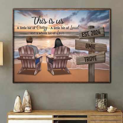 Romantic Beach Landscape Couple Sitting Holding Hands Sign Posts Personalized Poster, Home Decoration, Gift For Him, For Her