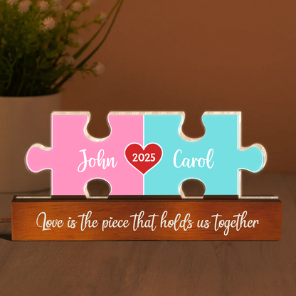 Love Is The Piece That Holds Us Together Couple Name Puzzle LED Night Light, Personalized Romantic Home Bedroom Decor For Couples, Gifts For Her, For Him