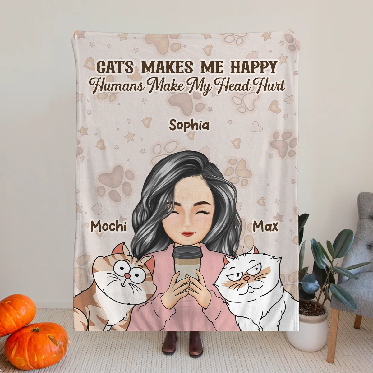 Pet Lovers Cats Make Me Happy Humans Make My Head Hurt - Personalized Fleece Blanket