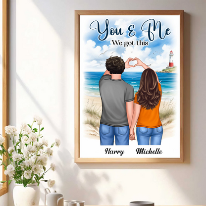 Back View Couple Heart Hands At Beach Personalized Vertical Poster - Valentine‘s Day Gift - Gift For Him, Gift For Her