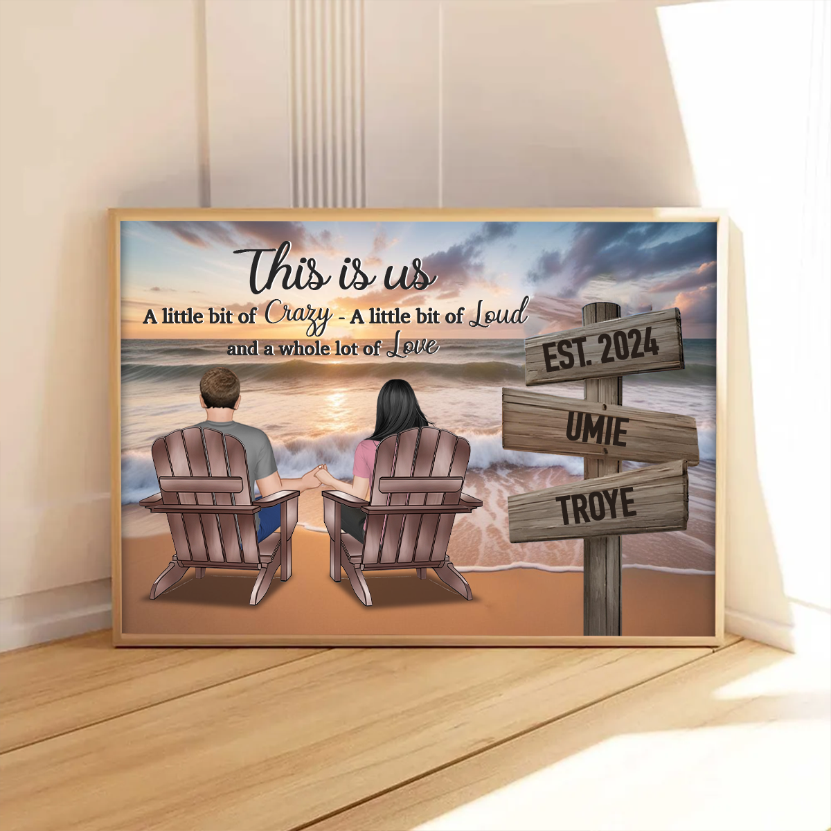 Romantic Beach Landscape Couple Sitting Holding Hands Sign Posts Personalized Poster, Home Decoration, Gift For Him, For Her