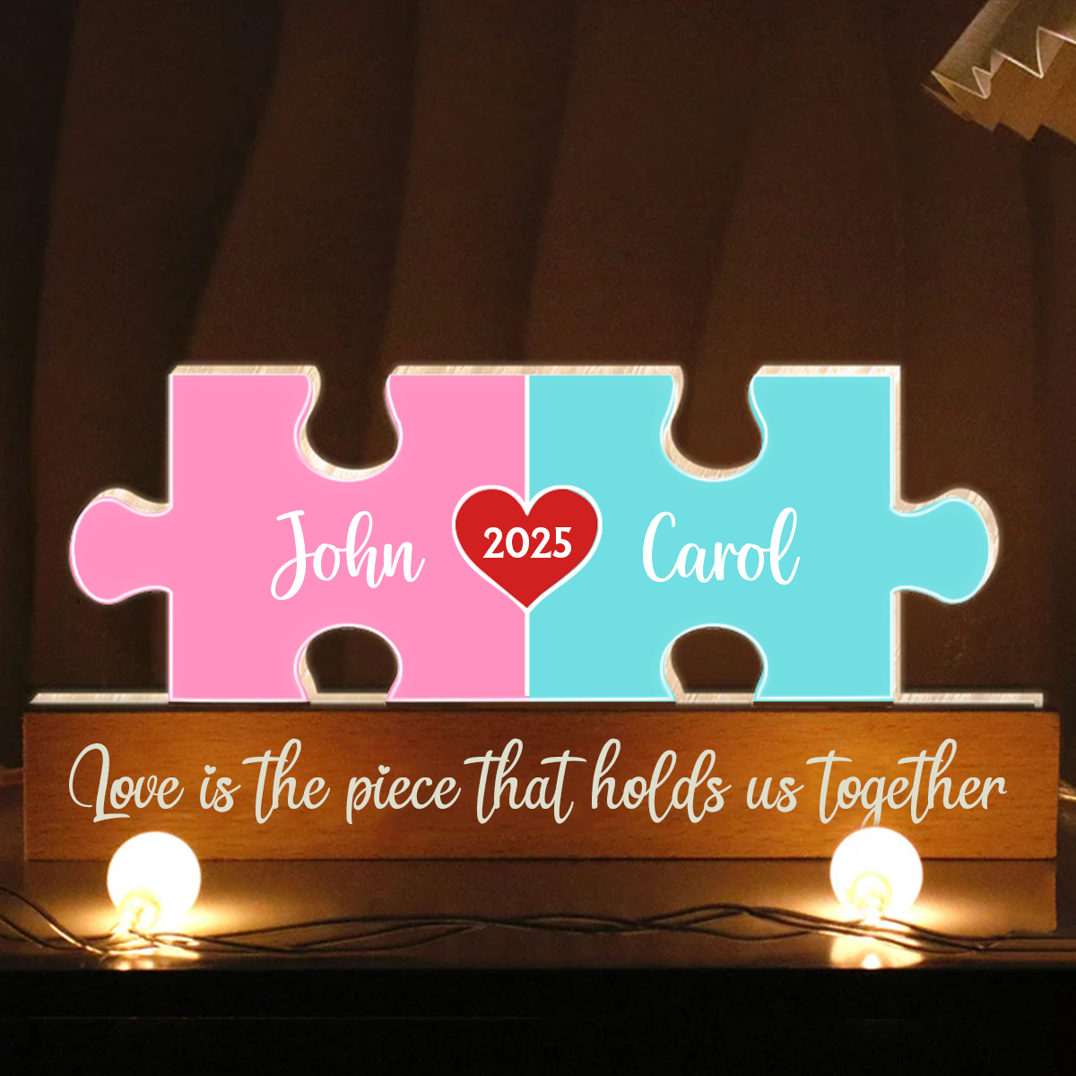 Love Is The Piece That Holds Us Together Couple Name Puzzle LED Night Light, Personalized Romantic Home Bedroom Decor For Couples, Gifts For Her, For Him